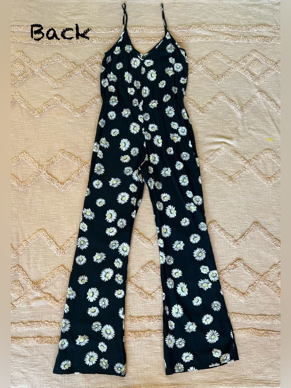 Volcom Boho Daisy Print Wide Leg Jumpsuit Size M 12 Black 100% Viscose - Picture 3 of 5